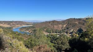 A view of Stevens Creek Reservoir and the surrounding landscape
