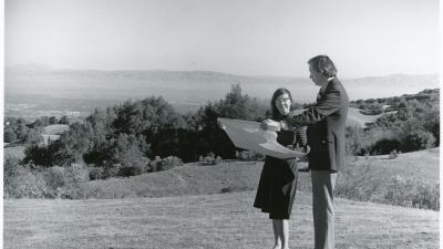 FIRST PRESERVE: Midpen founder and former board member Nonette Hanko with Herb Grench, Midpen's first general manager, at Foothills Open Space Preserve in 1974. (Photo courtesy Midpen)