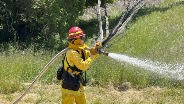 Midpen staff in fire gear spraying hose