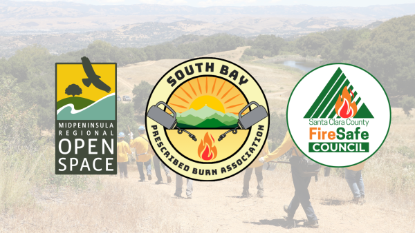 People in yellow fire coats walking down hill. Midpen, South Bay Presecribed Burn Association and Santa Clara County FireSafe Council logos overlaid.
