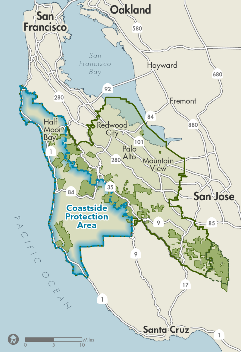 A map outlining Midpen's Coastside Protection Area, stretching from Half Moon Bay in the north to Pescadero in the south.