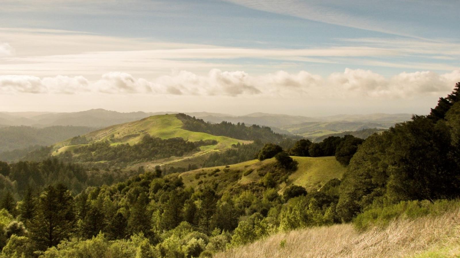 Vista of clouds and hills at Russian Ridge Open Space Preserve