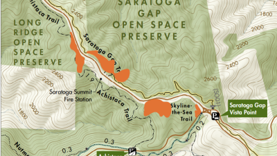 Areas marked within Long Ridge and Saratoga Gap open space preserves undergoing vegetation treatment.