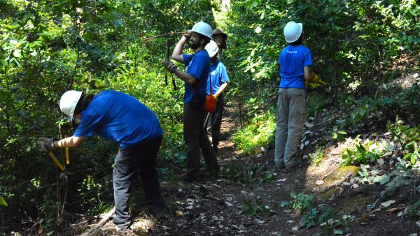 Members of Student Conservation Association conduct trail brushing work in El Corte de Madera Creek Preserve