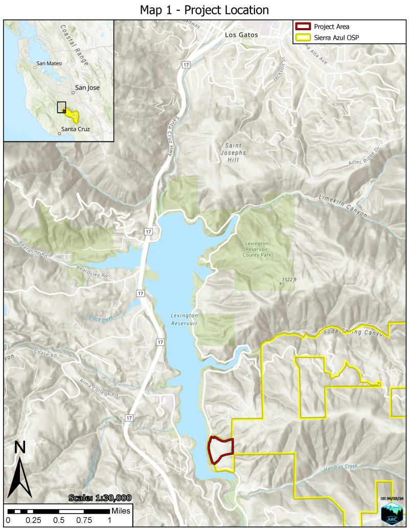 Map of Lexington Reservoir Area, highlighting southeast corner area where eucalyptus removal will occur.