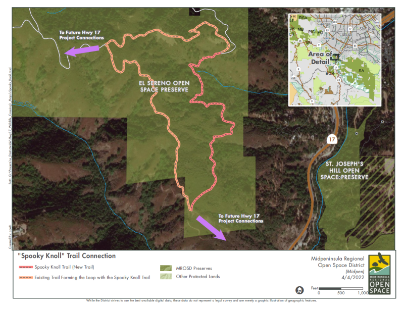 Map of planned Spooky Knoll trail alignment shows future connections to Highway 17 Project. 